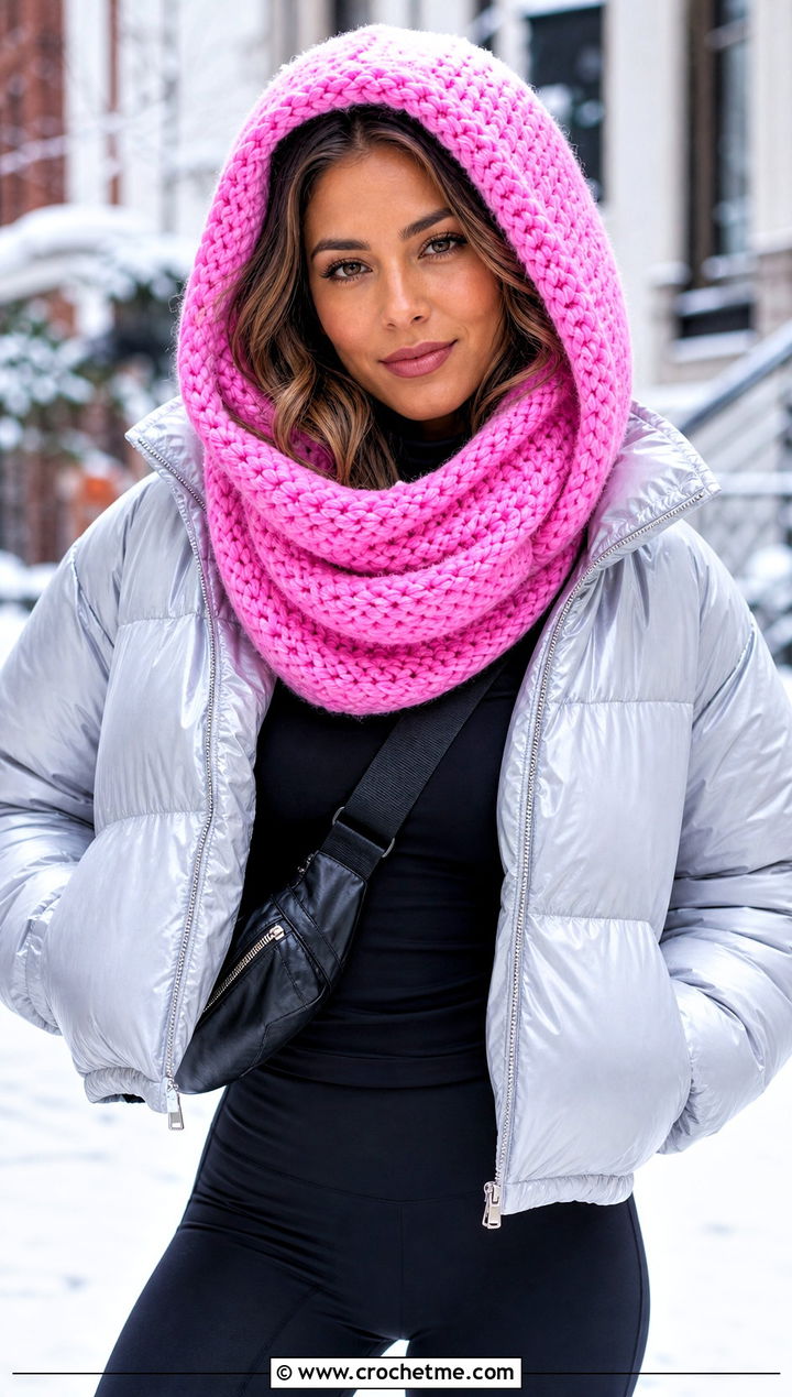 Hooded Infinity Crochet Scarf With Puffer Jacket - 15 Infinity Crochet Scarf outfit ideas
