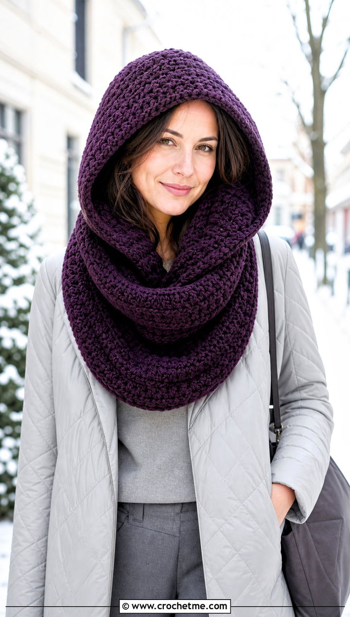 Hooded Infinity Crochet Scarf With Quilted Coat - 30 easy crochet scarfs outfit ideas