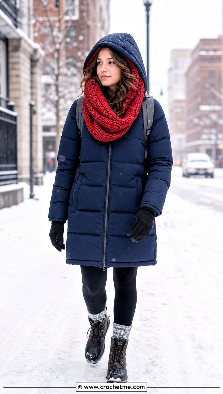 Hooded Infinity Double Crochet Scarf With Puffer Coat - 35 double crochet scarf outfit ideas