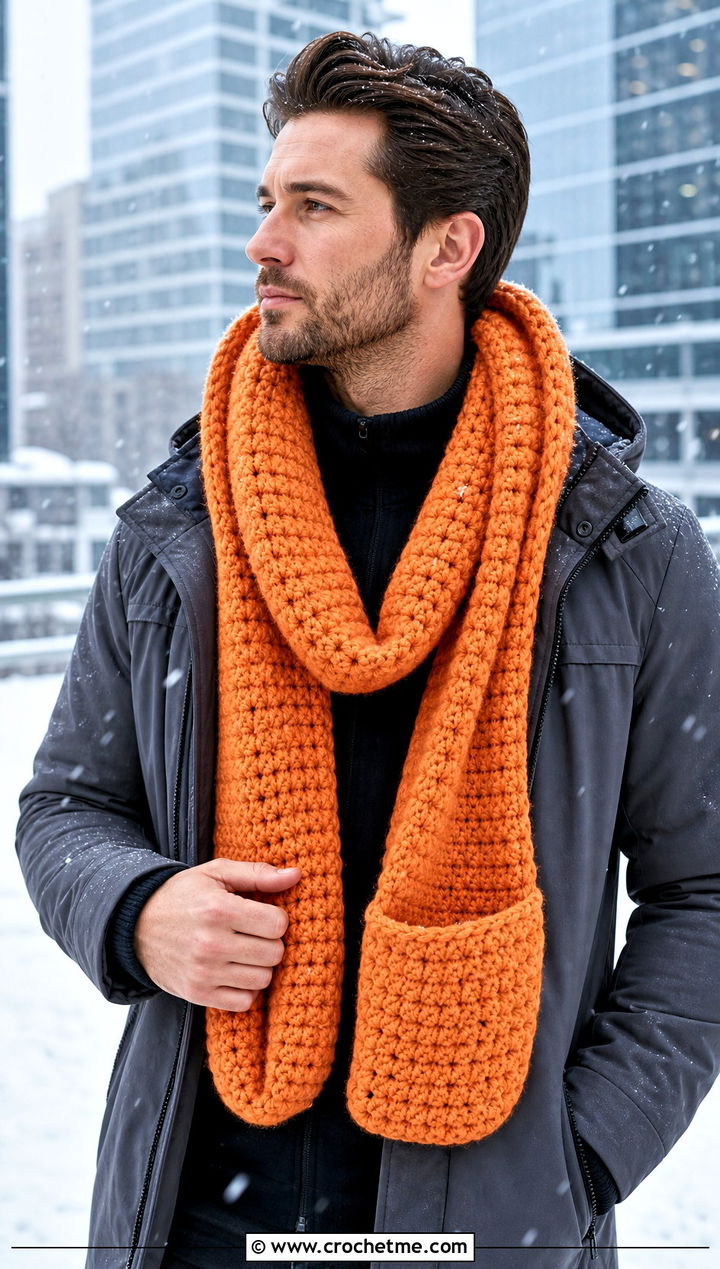 Hooded Infinity Pocket Crochet Scarf With Technical Coat - 30 crochet scarf ideas for men