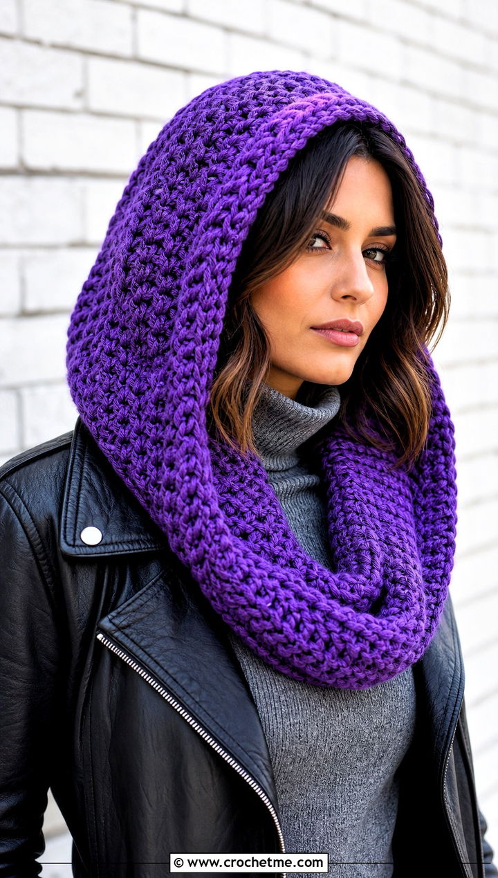 Hooded Infinity Scarf With Leather Jacket - 30 easy crochet infinity scarf outfit ideas