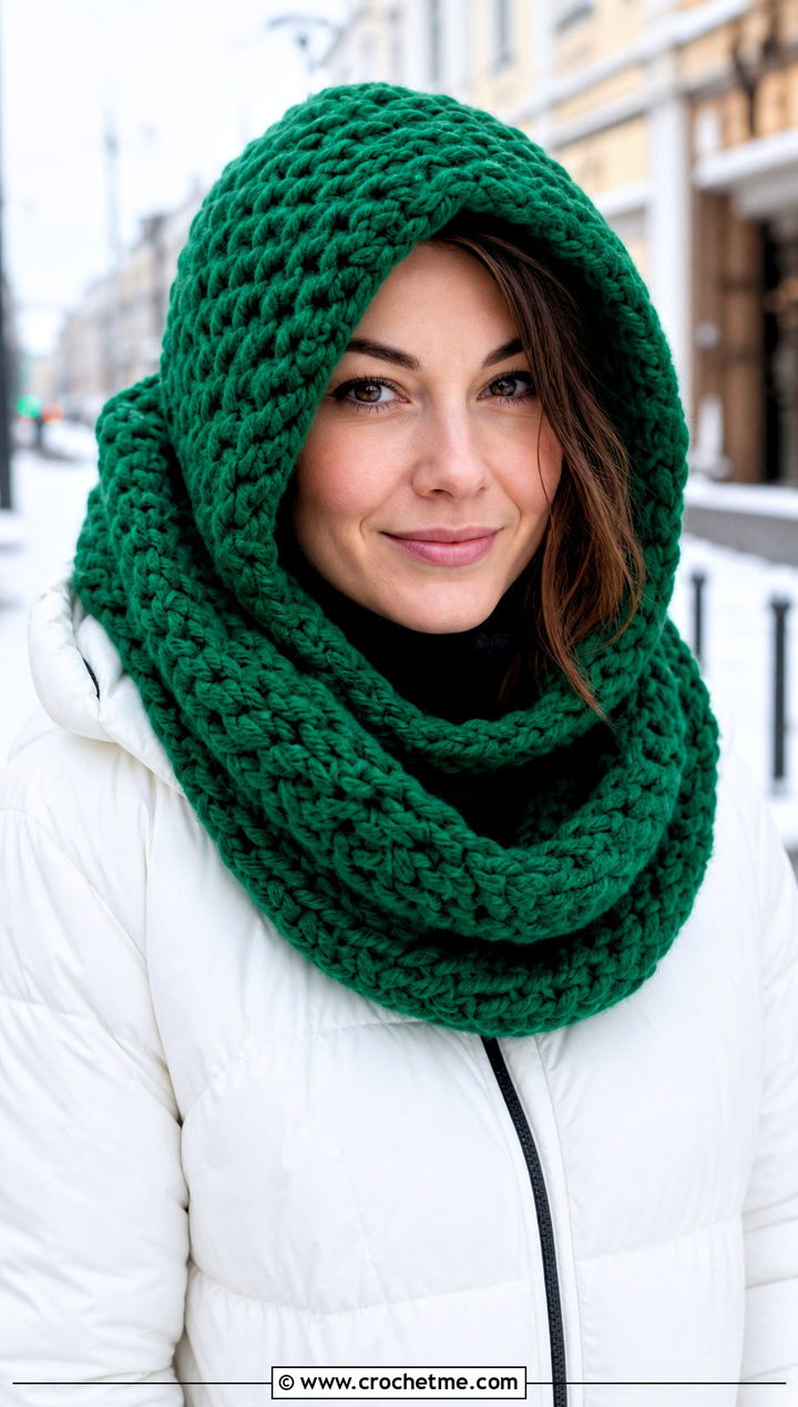 Hooded Infinity Super Chunky Crochet Scarf With Puffer Coat - 25 Super Chunky Crochet Scarf outfit ideas