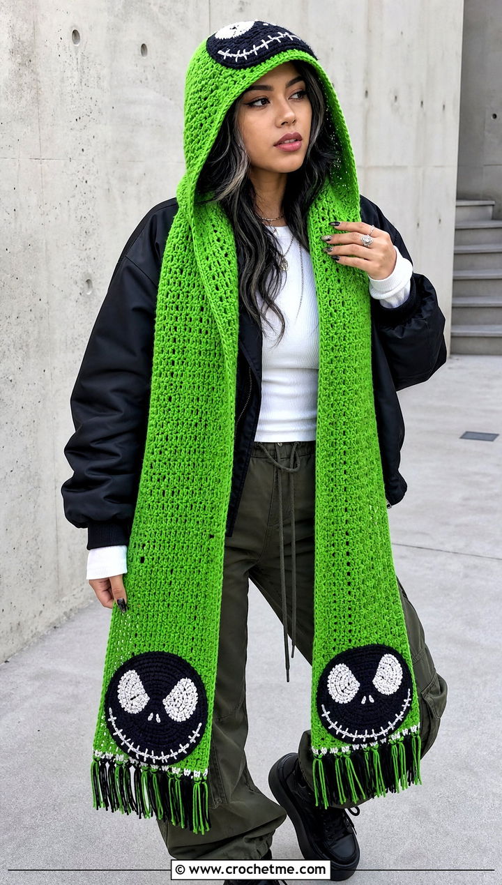 Hooded Jack Skellington Crochet Scarf With Cargo Pants - 20 Crochet Jack Skellington Scarf outfit ideas