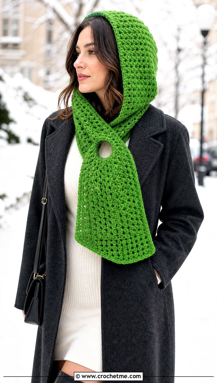Hooded Keyhole Crochet Scarf With Sweater Dress - 25 Keyhole Crochet Scarf outfit ideas