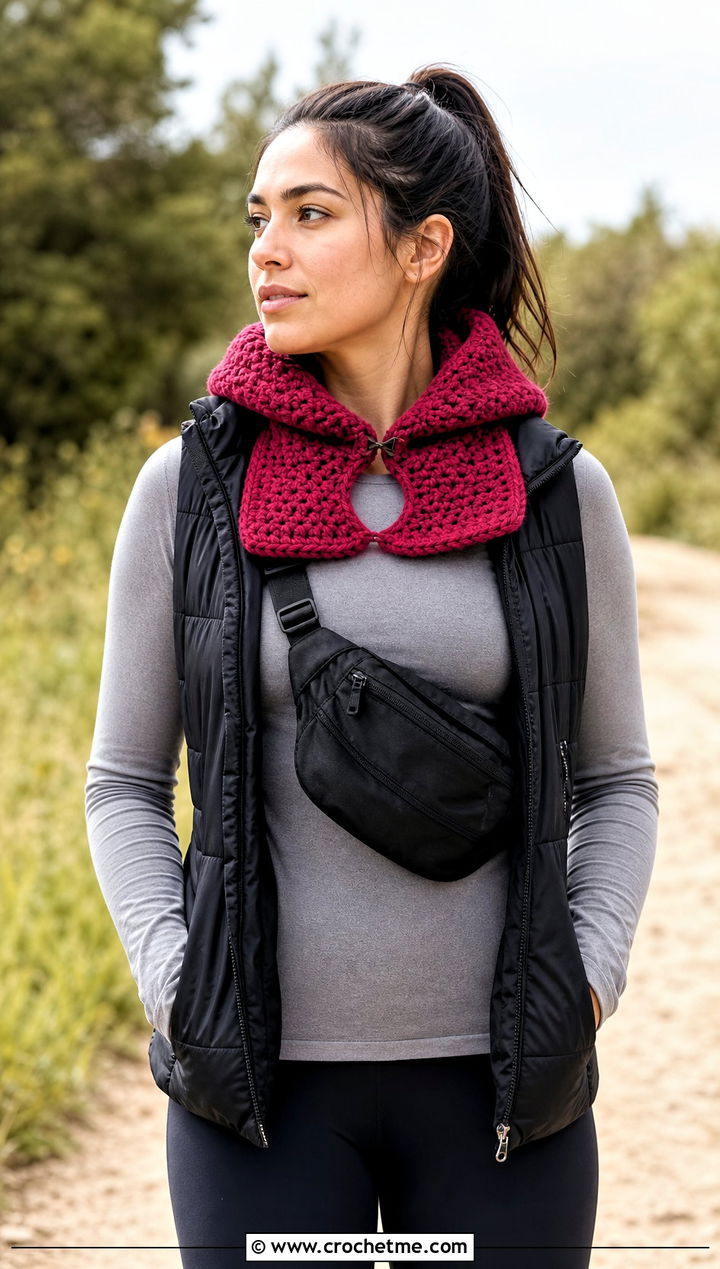 Hooded Keyhole Scarf With Puffer Vest - 15 Crocheted Keyhole Scarf outfit ideas