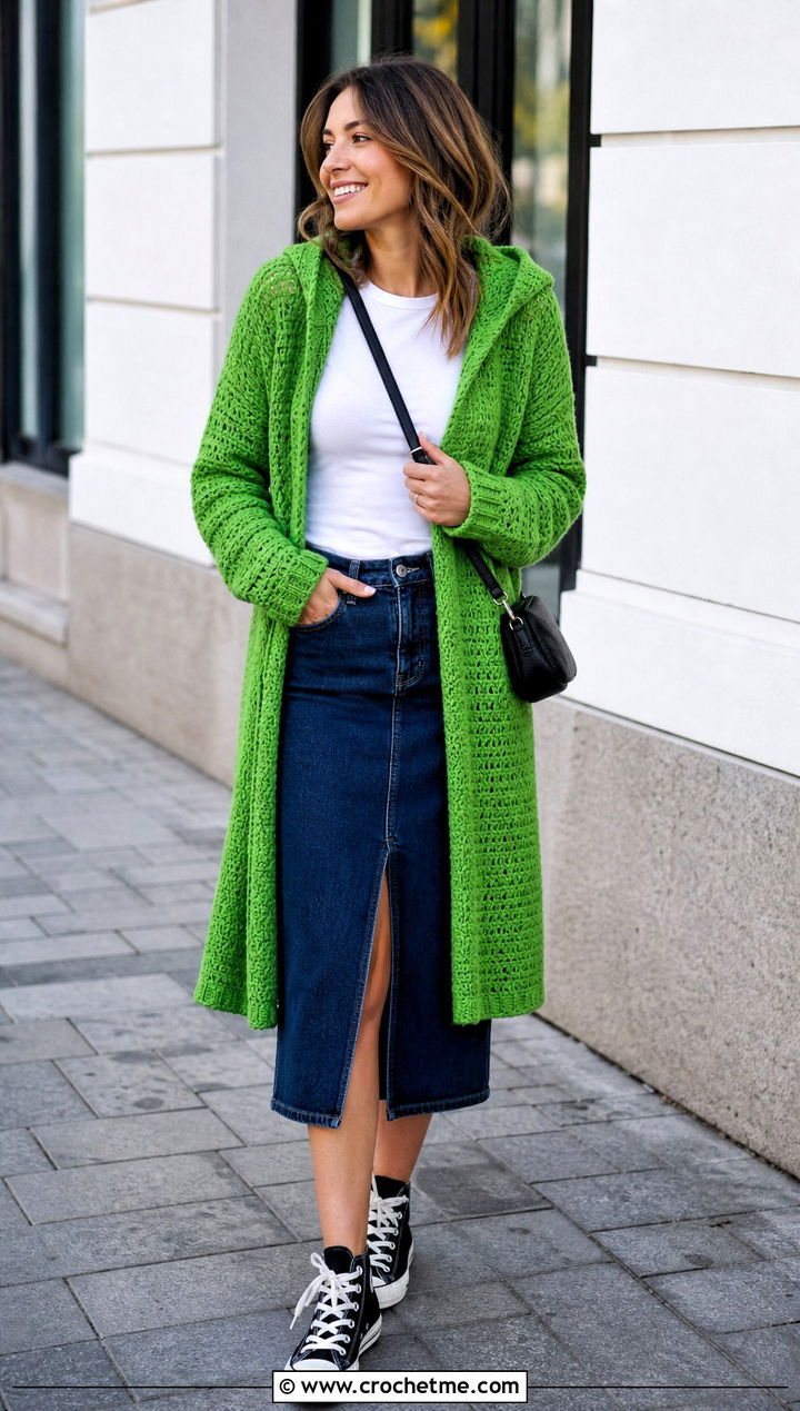 Hooded Knit Look Crochet Cardigan With Denim Midi Skirt - 25 Knit Look Crochet Cardigan outfit ideas