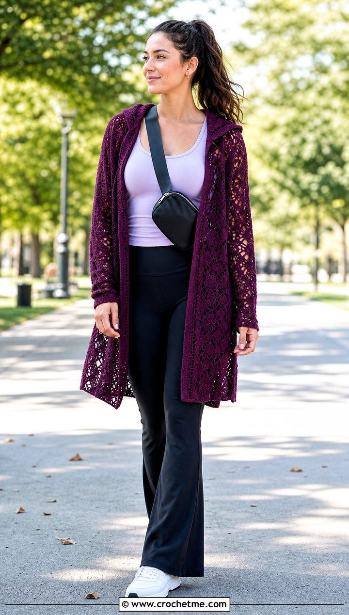 Hooded Lace Crochet Cardigan With Flared Leggings - 30 crochet lacy cardigan outfit ideas