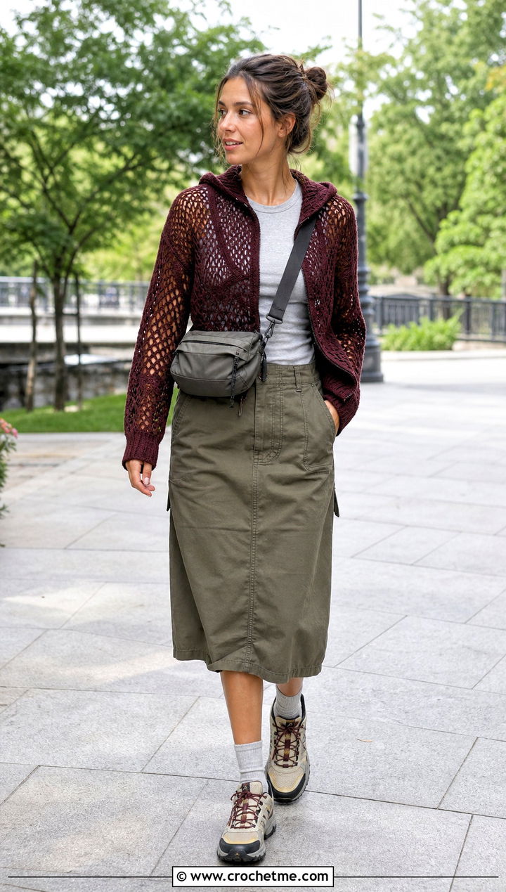 Hooded Lace Crochet Sweater With Utility Skirt - 25 lace crochet sweater outfit ideas