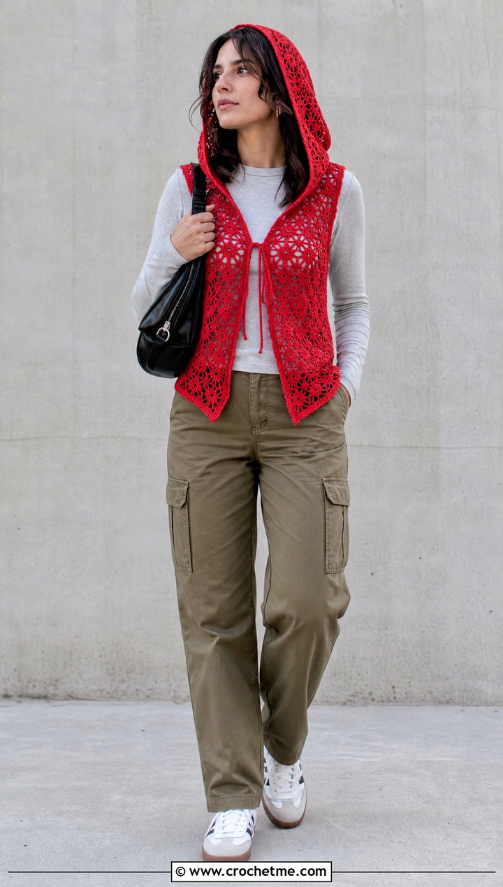 Hooded Lace Crochet Vest With Cargo Pants - 20 Lacy Crochet Vest outfit ideas