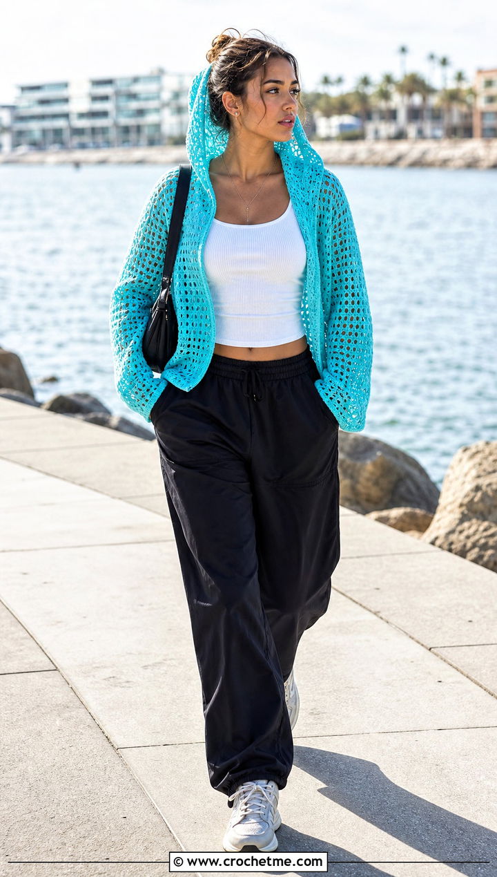Hooded Lace Weight Crochet Sweater With Parachute Pants - 15 Lace Weight Crochet Sweater outfit ideas