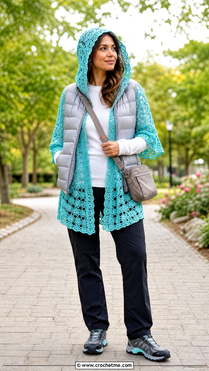 Hooded Lacy Crochet Shawl With Puffer Vest - 35 lacy crochet shawl outfit ideas