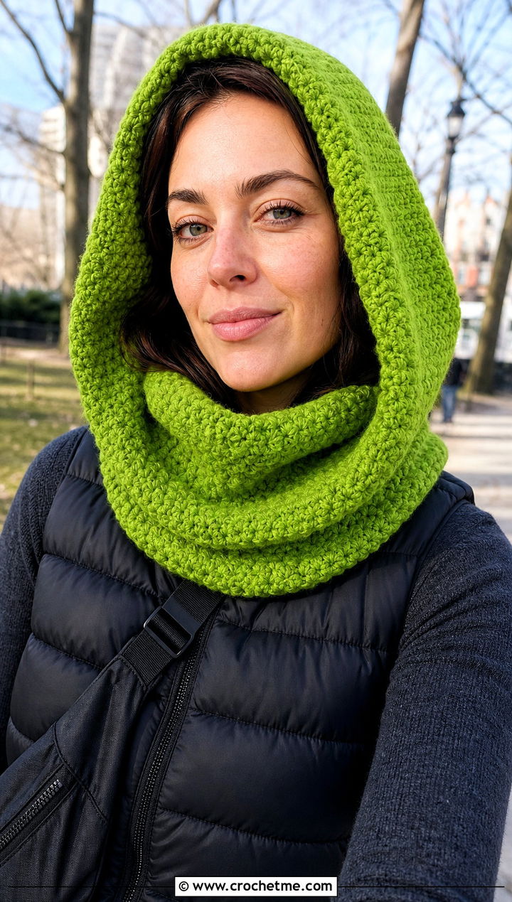 Hooded Lemon Peel Stitch Scarf With Puffer Vest - 20 Crochet Lemon Peel Stitch Scarf outfit ideas