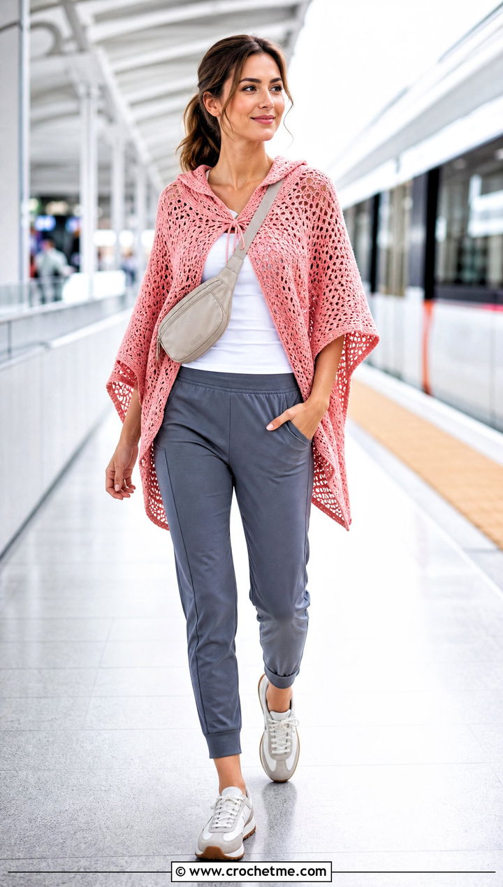 Hooded Lightweight Crochet Poncho With Joggers - 20 crochet lightweight poncho outfit ideas