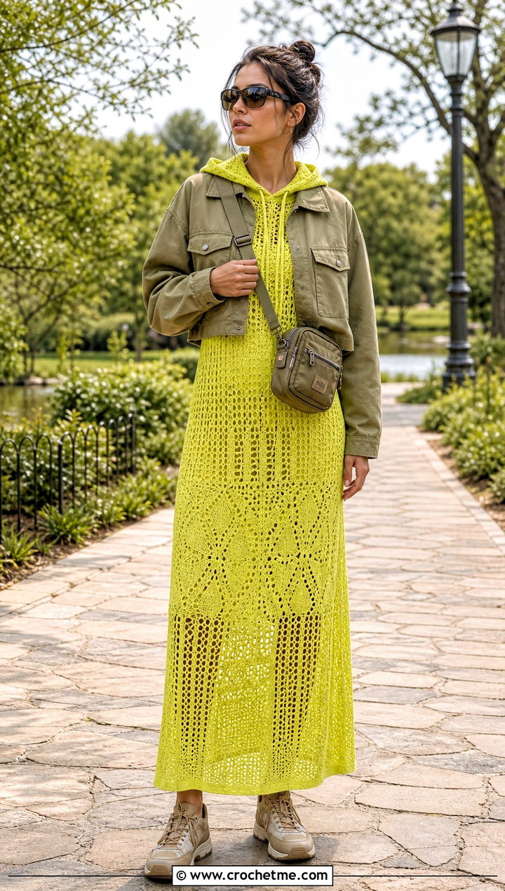 Hooded Long Crochet Dress With Utility Jacket - 35 Long Crochet Dress outfit ideas