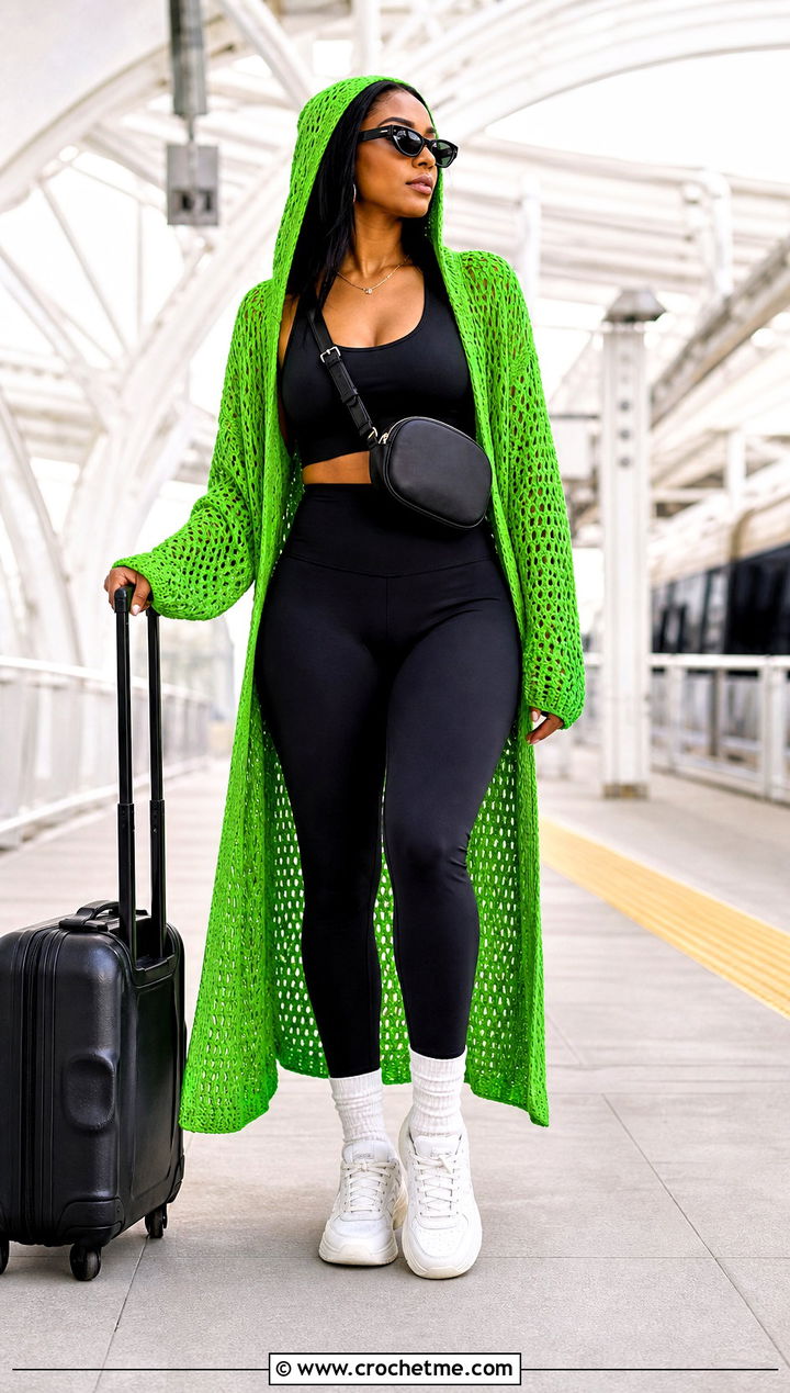 Hooded Long Crochet Duster With Leggings - 25 Long Crochet Duster outfit ideas