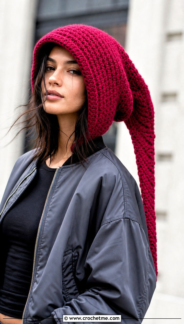 Hooded Long Crochet Hat With Bomber Jacket - 30 crochet long hat outfit ideas