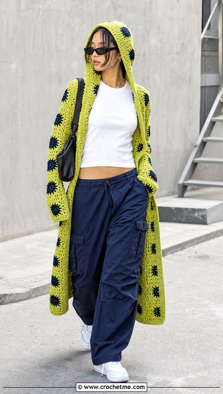 Hooded Long Granny Square Cardigan With Cargo Pants - 35 long granny square cardigan outfit ideas