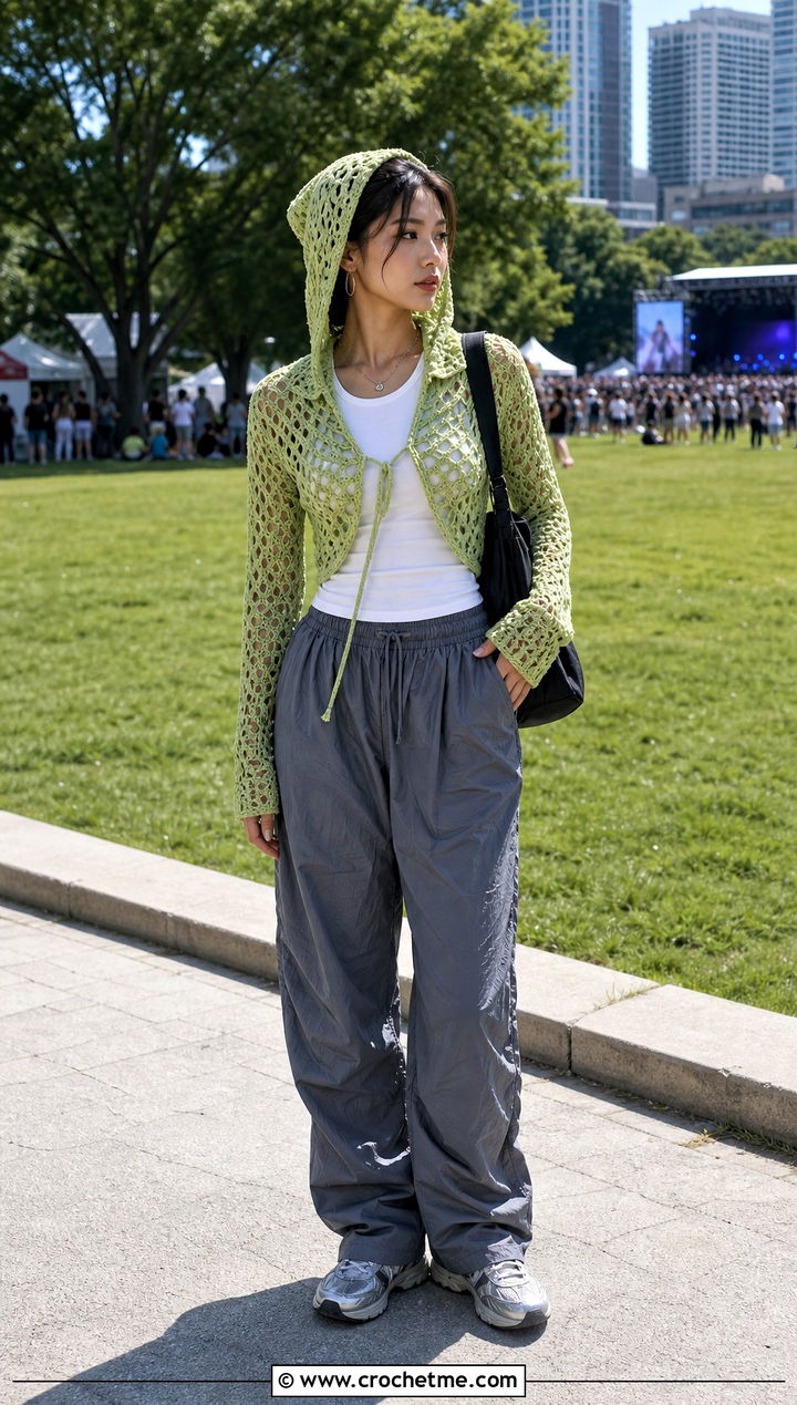 Hooded Long Sleeve Crochet Top With Parachute Pants - 25 aesthetic long sleeve crochet tops outfit ideas