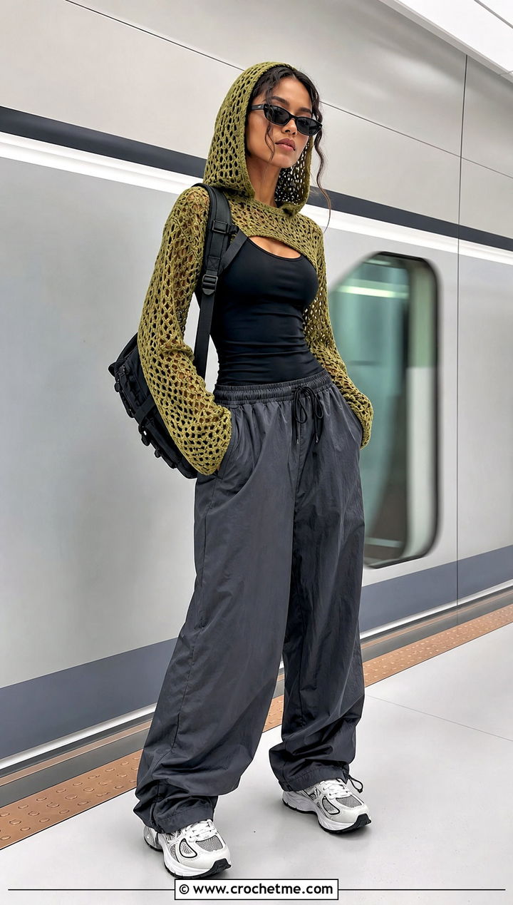 Hooded Long Sleeve Crochet Top With Parachute Pants - 25 long sleeve crochet top outfit ideas