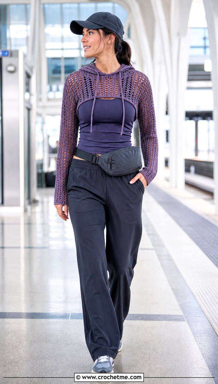 Hooded Long Sleeve Crochet Top With Track Pants - 35 crochet tops with sleeves outfit ideas