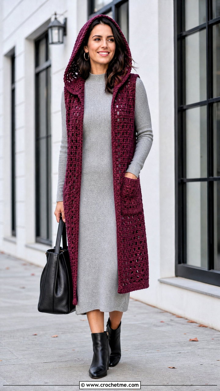 Hooded Longline Crochet Vest With a Knit Dress - 35 boho crochet vest outfit ideas