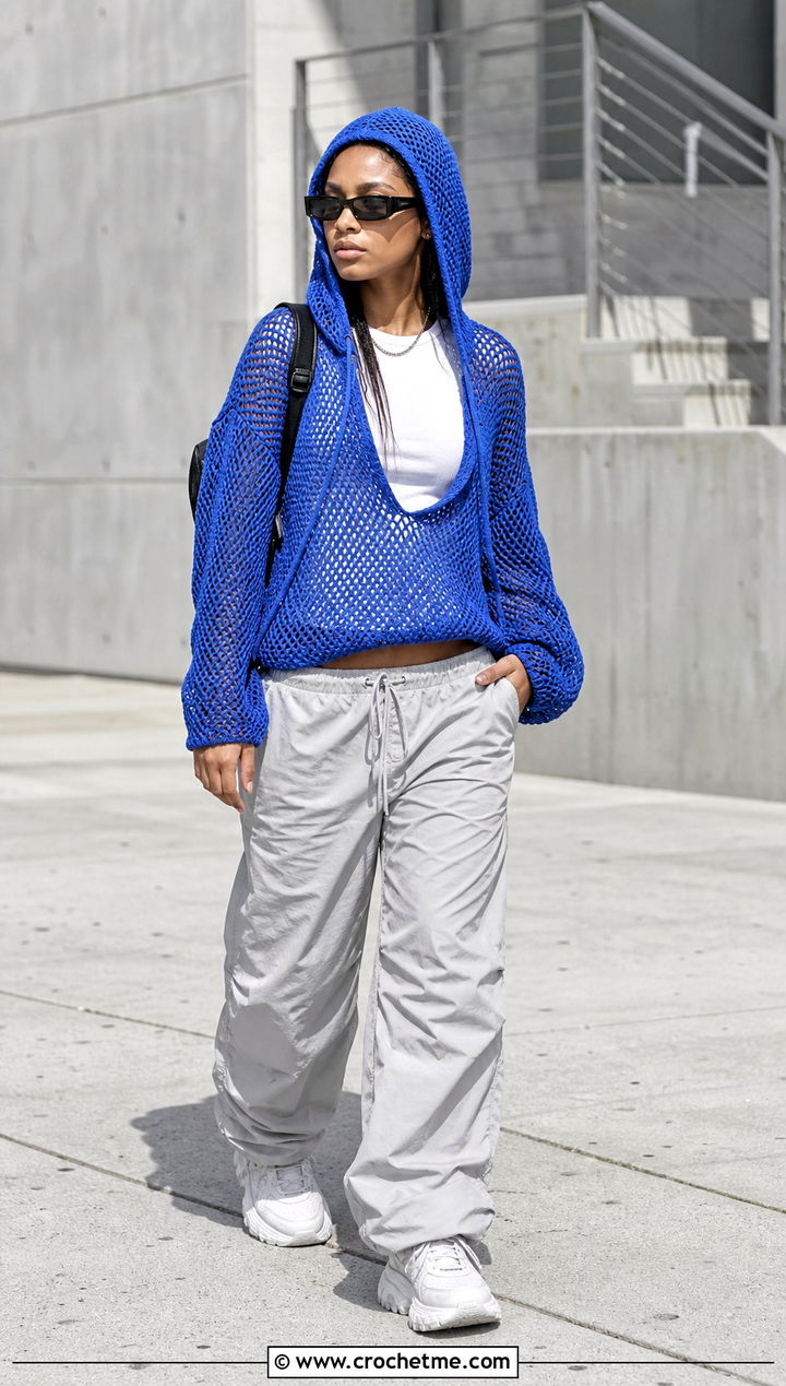 Hooded Loose Crochet Sweater With Parachute Pants - 30 loose crochet sweater outfit ideas