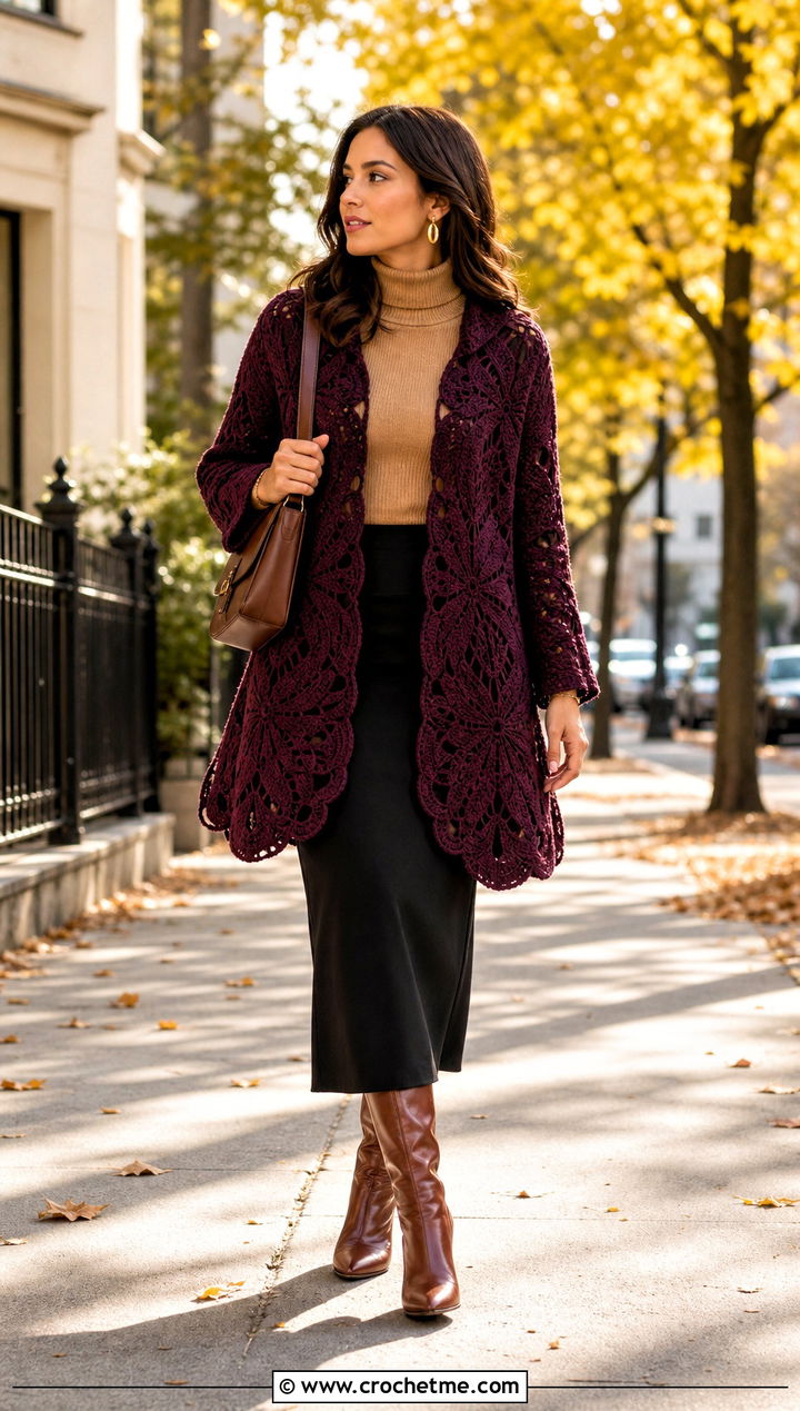 Hooded Lotus Circular Jacket With Maxi Skirt - 15 Crochet Circular Jacket outfit ideas