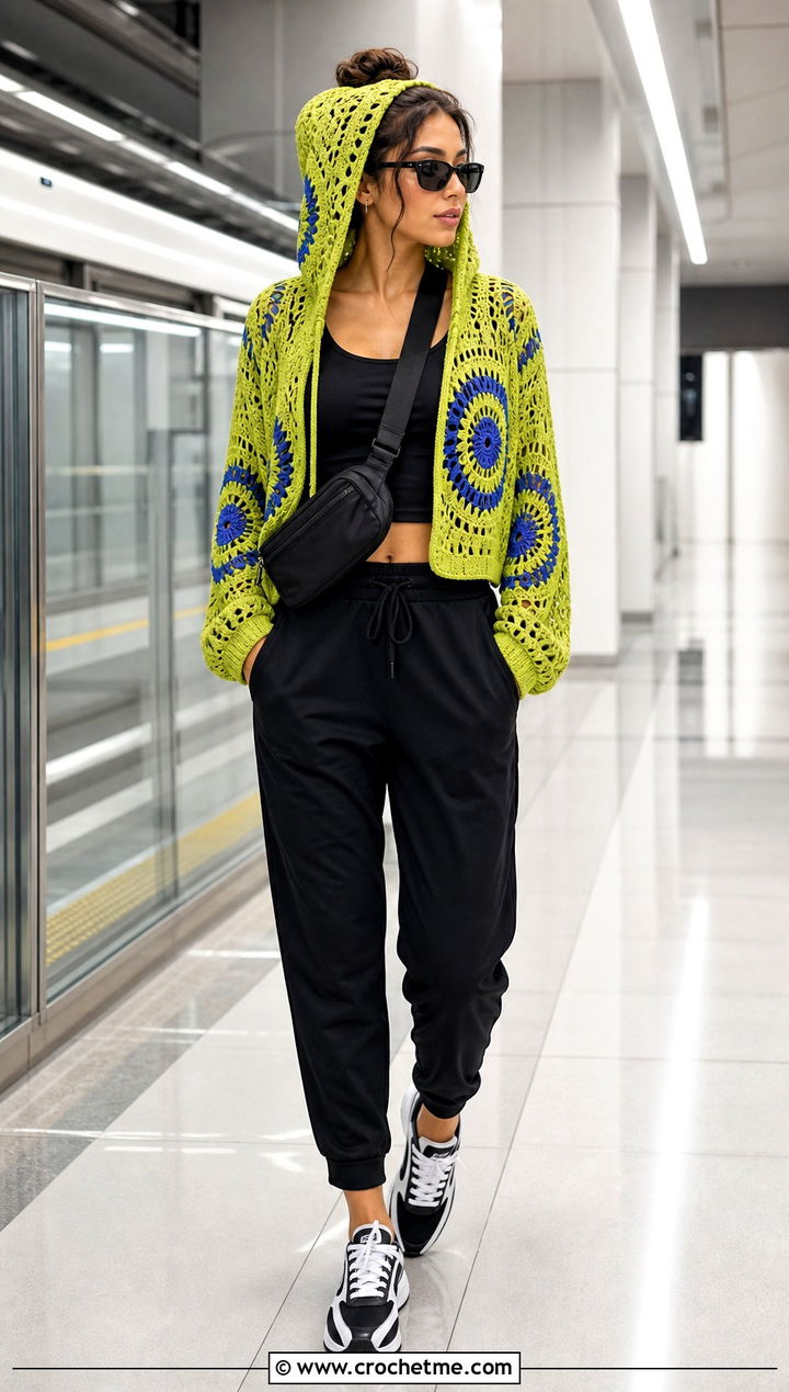 Hooded Mandala Crochet Sweater With Jogger Pants - 25 Mandala Crochet Sweater outfit ideas