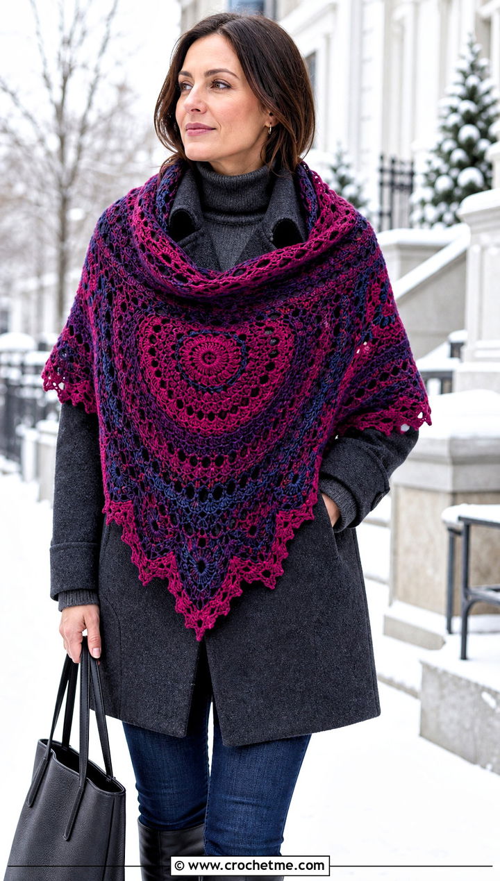 Hooded Mandala Yarn Crochet Shawl With A Winter Coat - 15 Crochet Shawl Mandala Yarn outfit ideas