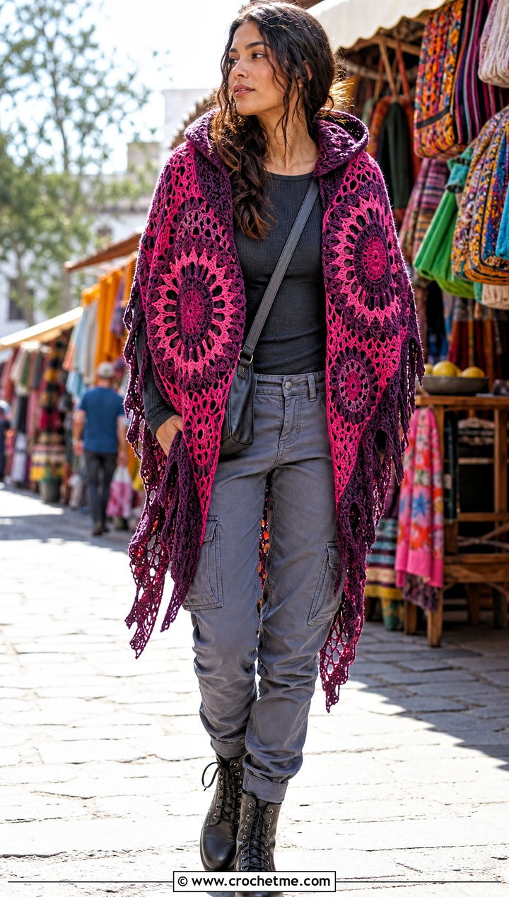 Hooded Mandala Yarn Crochet Shawl With Cargo Pants - 20 Mandala Yarn Crochet Shawl outfit ideas