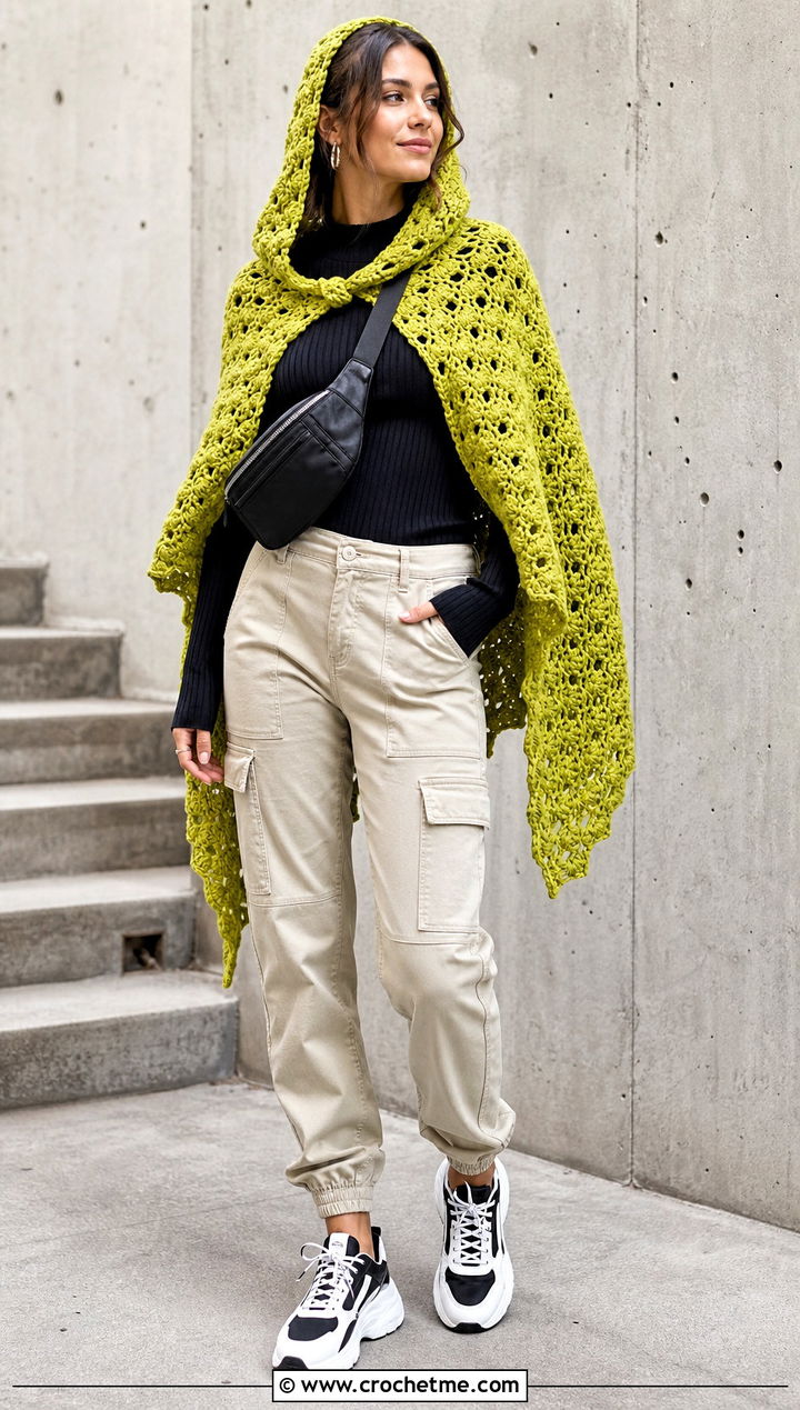 Hooded Martha Stewart Crochet Poncho With Cargo Pants - 15 martha stewart crochet poncho outfit ideas