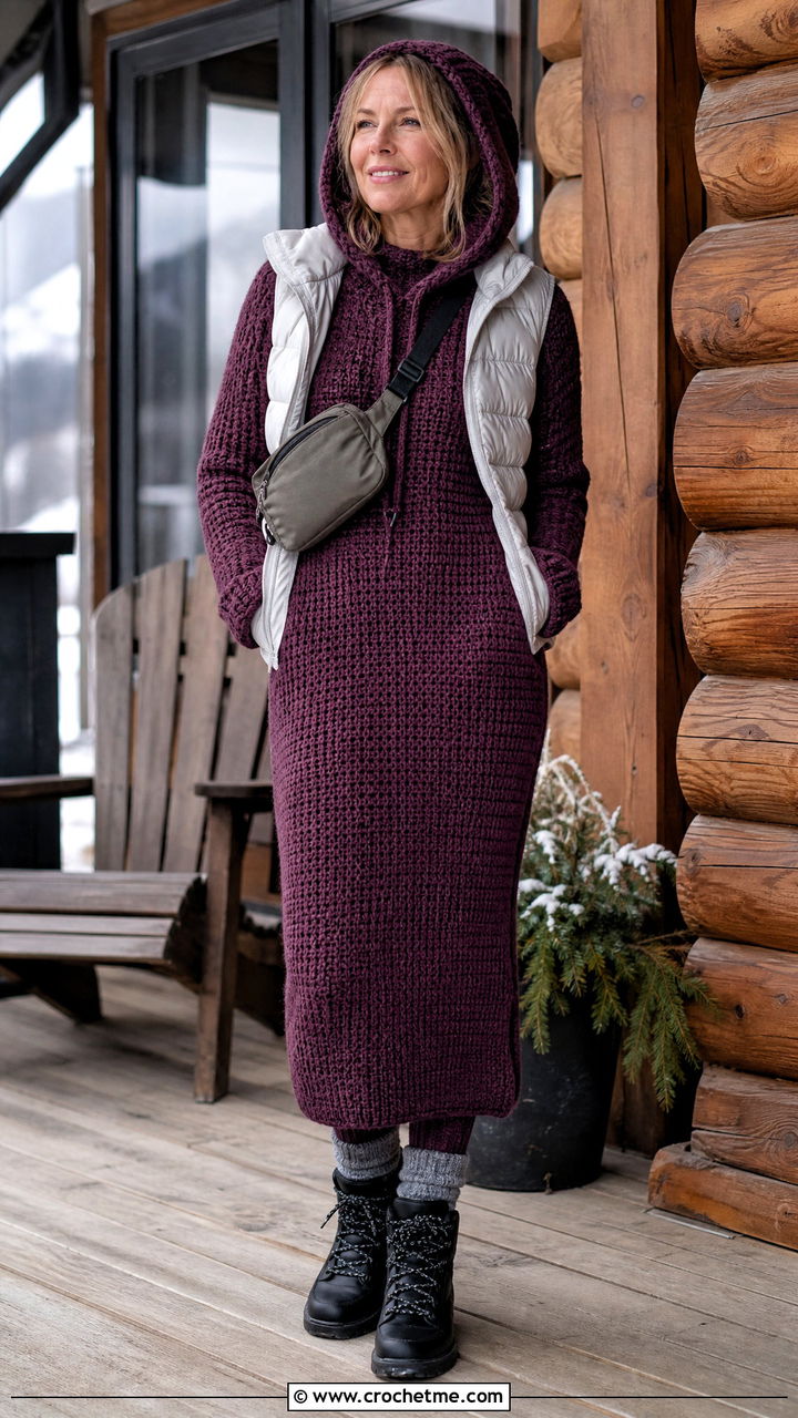 Hooded Maxi Crochet Winter Dress With Puffer Vest - 35 crochet winter dress outfit ideas