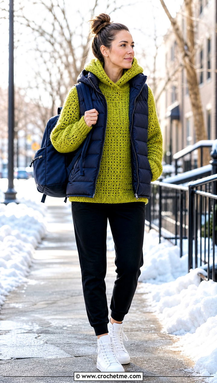 Hooded Mcdreamy Crochet Sweater With Puffer Vest And Joggers - 15 Mcdreamy Crochet Sweater outfit ideas