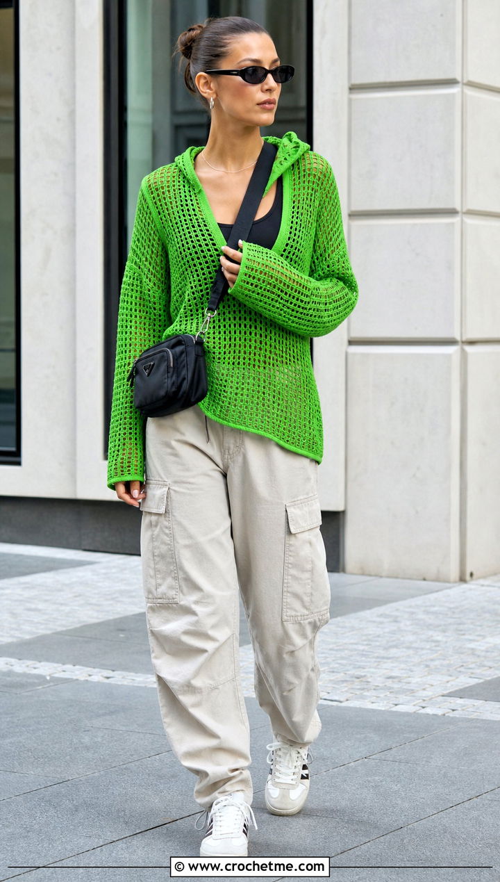 Hooded Mesh Crochet Cover Up Top With Cargo Pants - 15 crochet cover up top ideas