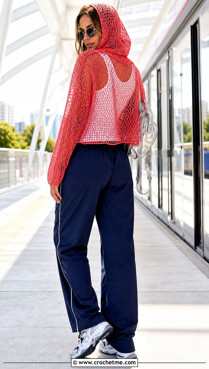 Hooded Mesh Crochet Lacy Sweater With Track Pants - 25 crochet lacy sweater outfit ideas
