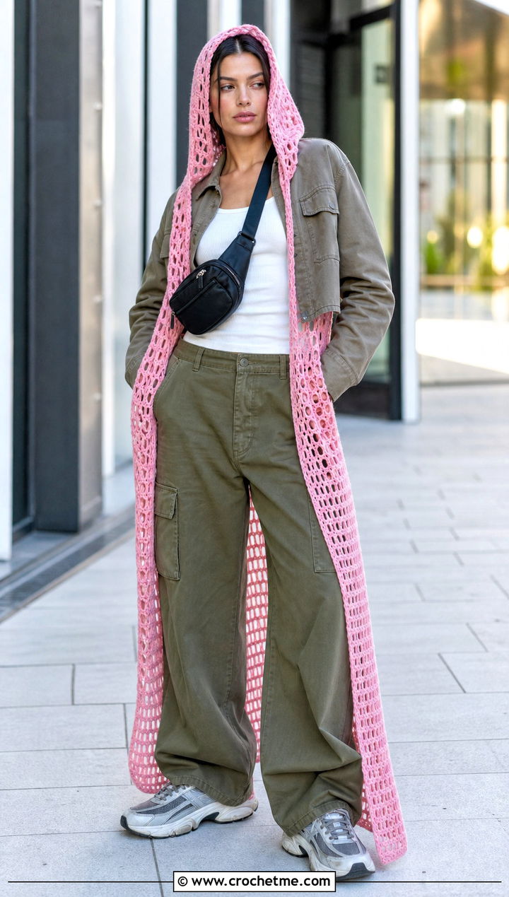 Hooded Mesh Crochet Maxi Dress With Cargo Pants - 30 mesh crochet dress outfit ideas