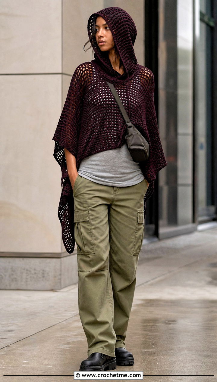 Hooded Mesh Crochet Poncho With Cargo Pants - 25 Mesh Crochet Poncho outfit ideas