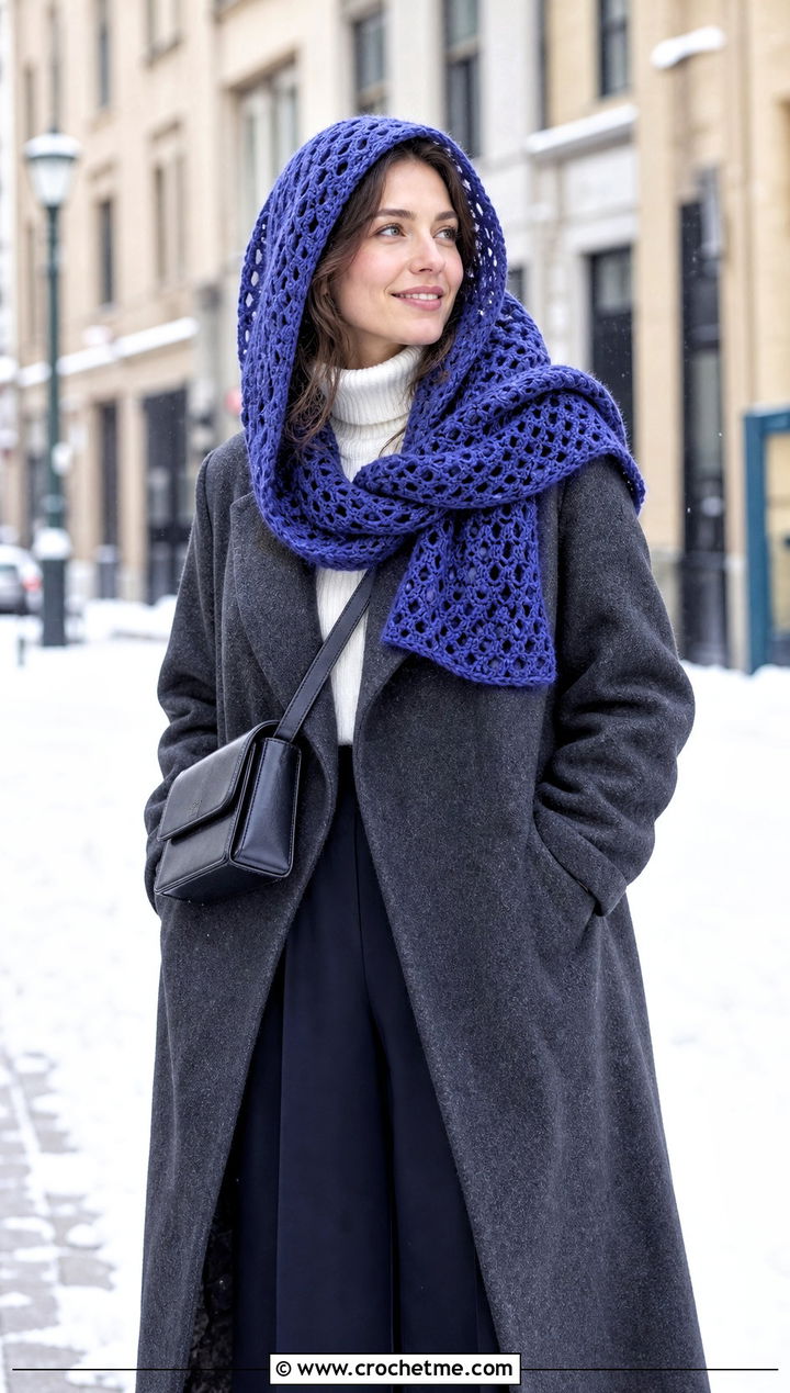 Hooded Mesh Crochet Scarf With Long Coat - 25 Mesh Crochet Scarf outfit ideas
