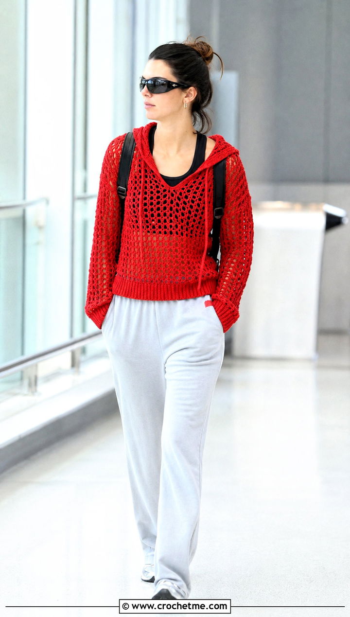 Hooded Mesh Crochet Summer Sweater With Track Pants - 15 Crochet Summer Sweater outfit ideas