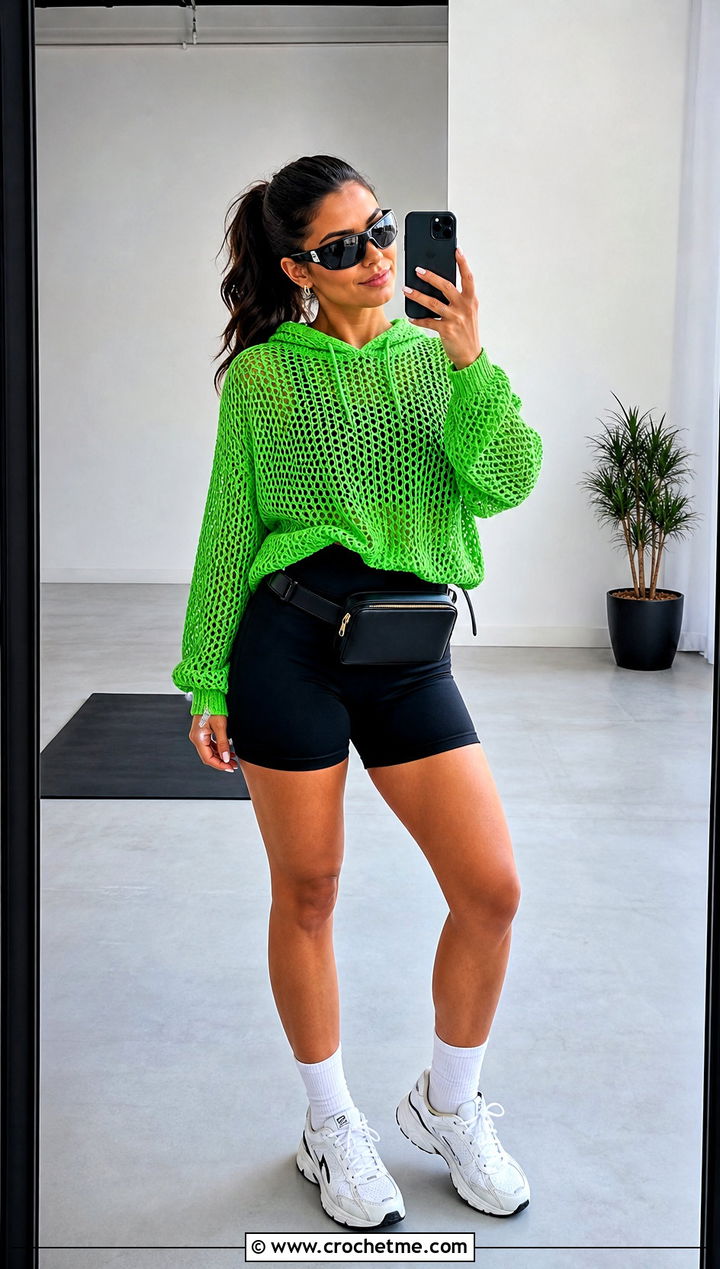 Hooded Mesh Crochet Sweater With Bike Shorts - 20 Crochet Lightweight Sweater outfit ideas