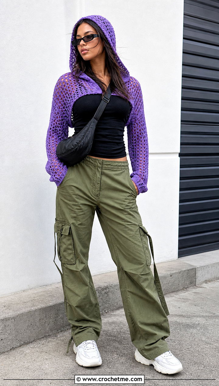 Hooded Mesh Crochet Sweater With Cargo Pants - 30 mesh crochet sweater outfit ideas