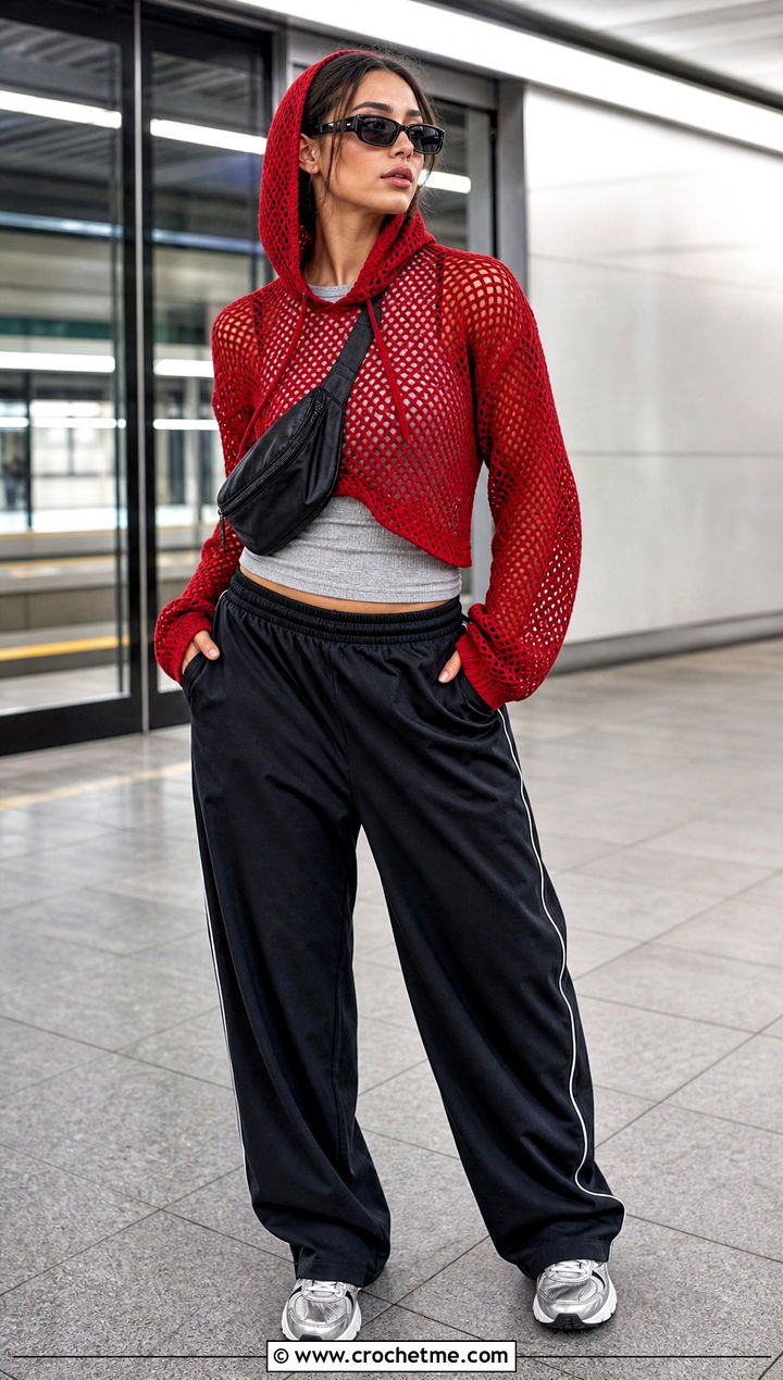 Hooded Mesh Crochet Sweater With Track Pants - 25 Lacy Crochet Sweater outfit ideas