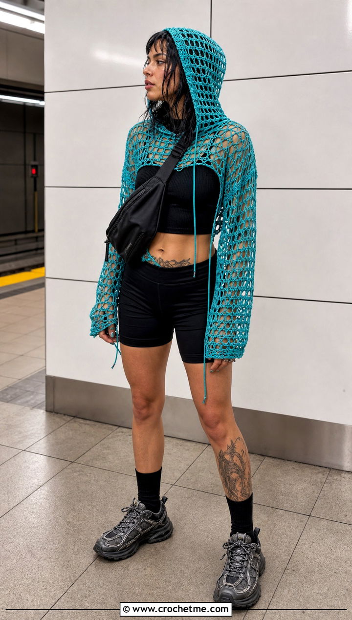 Hooded Mesh Crochet Top With Biker Shorts - 35 grunge crochet top outfit ideas