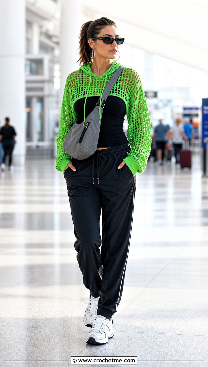 Hooded Mesh Cropped Crochet Pullover With Track Pants - 15 Cropped Crochet Pullover outfit ideas