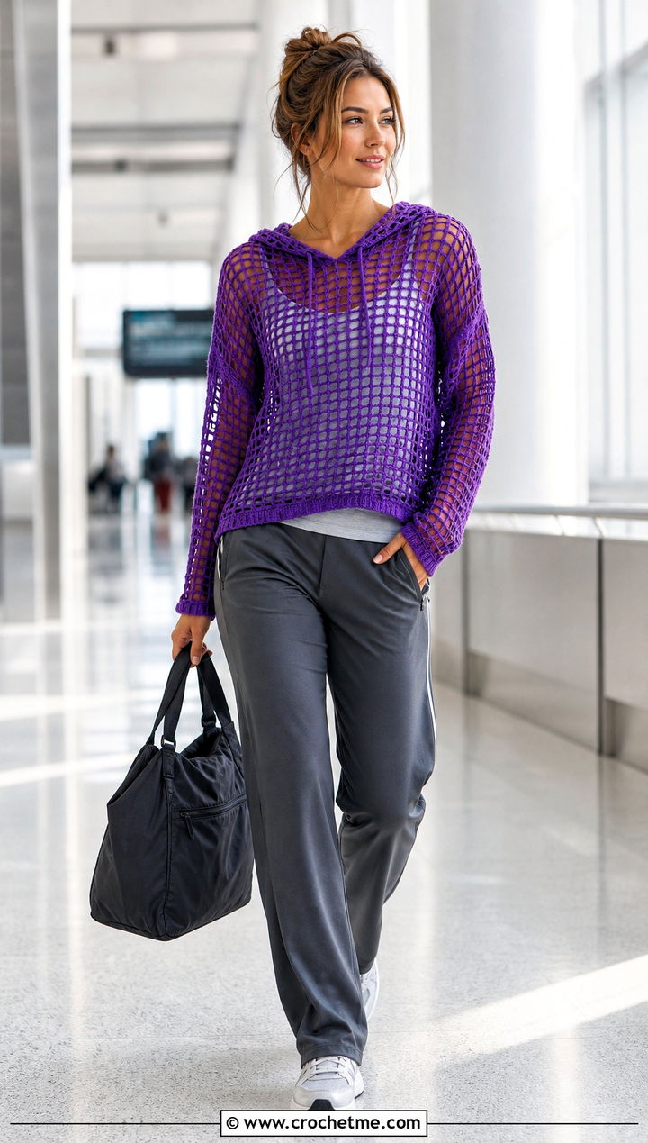 Hooded Mesh Grid Crochet Sweater With Track Pants - 15 grid crochet sweater design outfit ideas