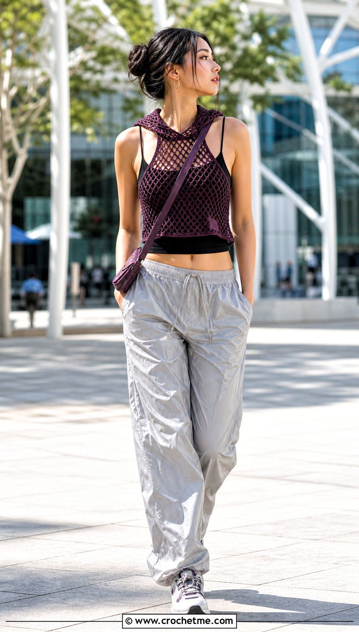 Hooded Mesh Halter Top With Parachute Pants - 30 Crochet Mesh Halter Top outfit ideas