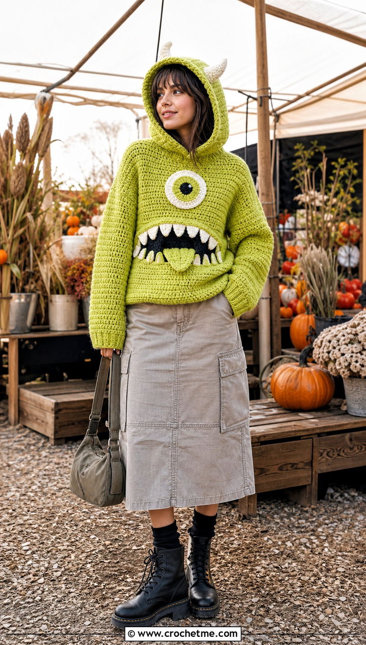 Hooded Monster Crochet Halloween Sweater With Cargo Skirt - 35 Crochet Halloween Sweater outfit ideas