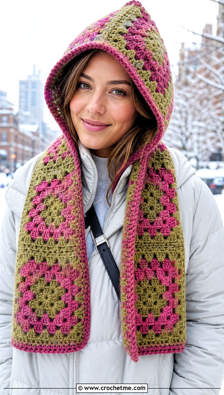 Hooded Mosaic Crochet Scarf With Long Puffer Coat - 25 Mosaic Crochet Scarf outfit ideas