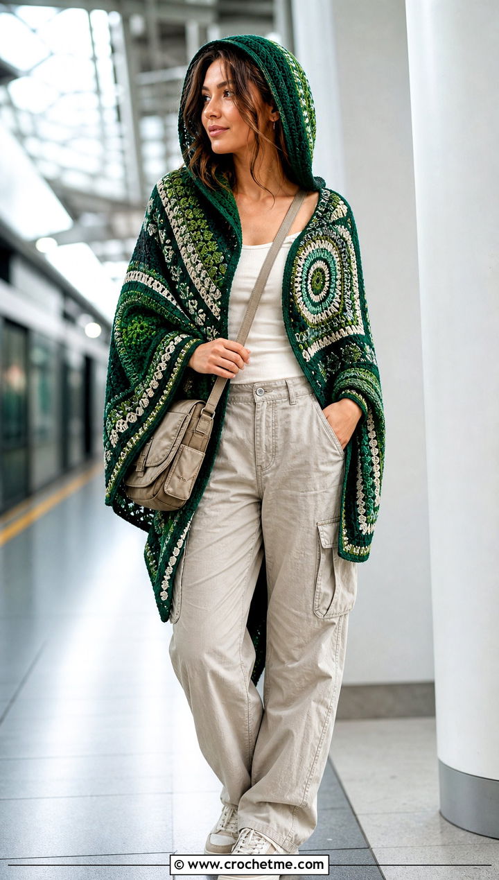 Hooded Mosaic Crochet Shawl With Cargo Pants - 30 mosaic crochet shawl outfit ideas