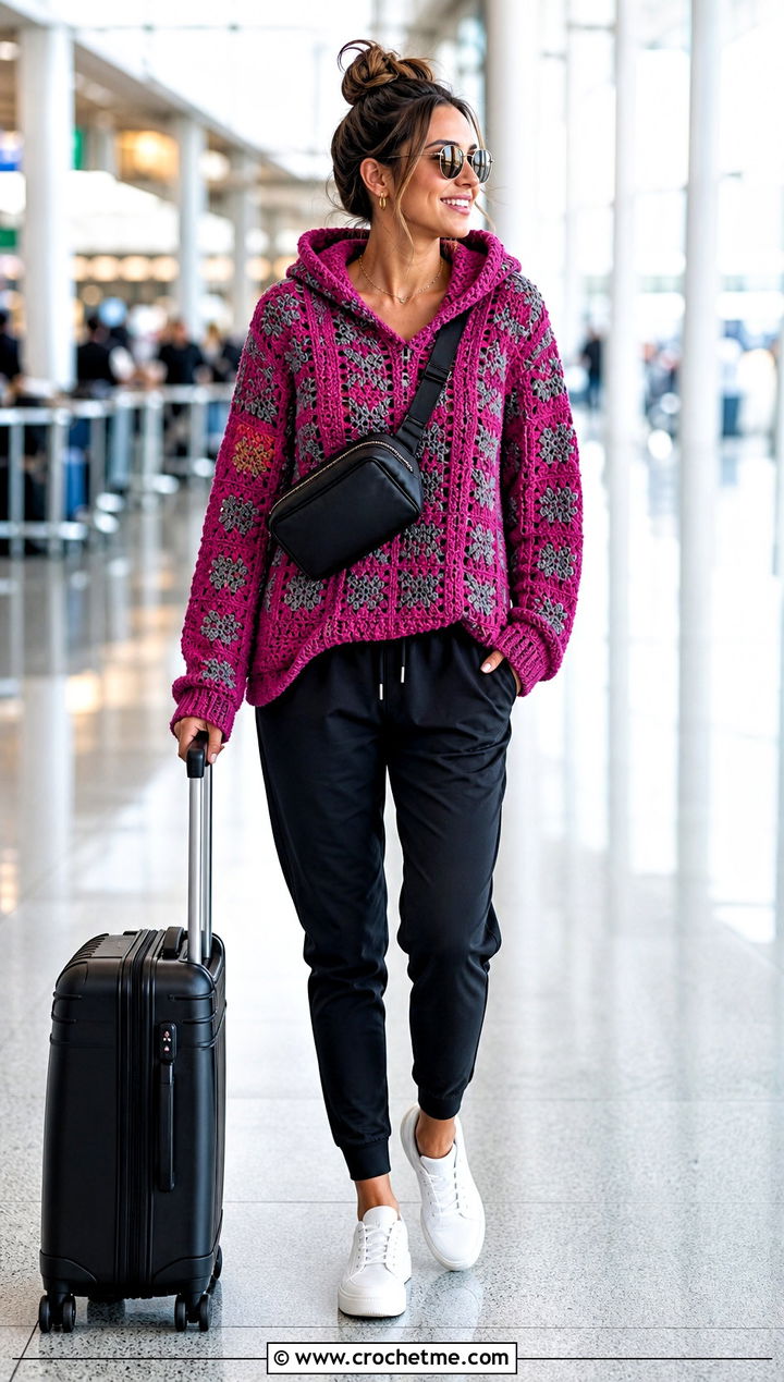 Hooded Mosaic Crochet Sweater With Joggers - 25 Mosaic Crochet Sweater outfit ideas
